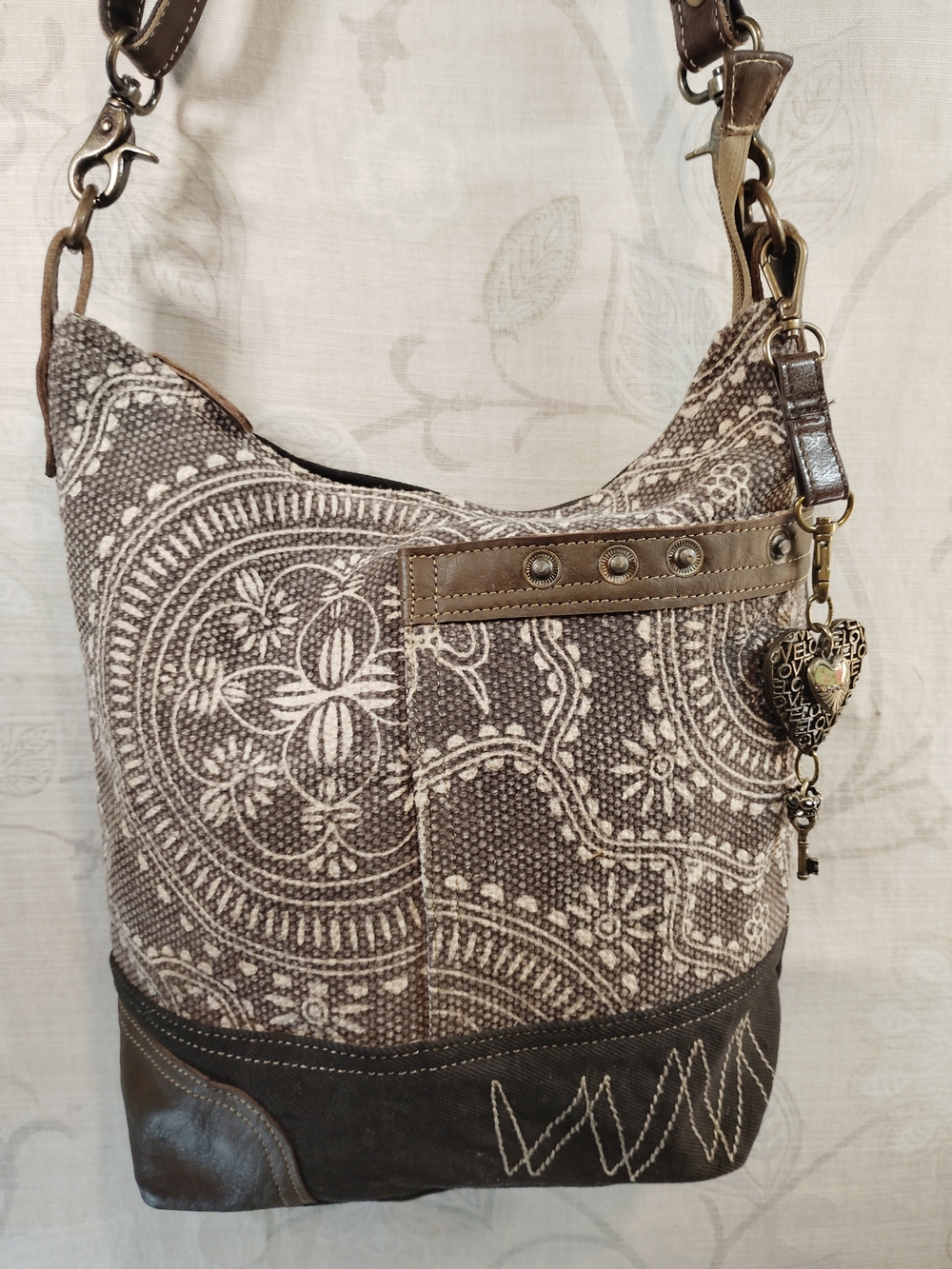 Myra Bag Brown Black and Cream Paisley Crossbody w/Heart&Key Charm
